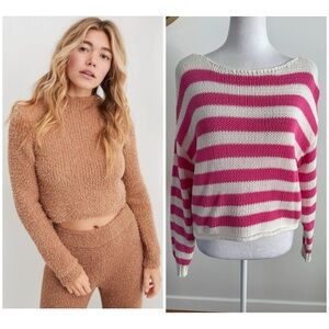 New! AERIE bundle of 2 Marshmallow Brown Fuzzy Cropped Sweater and pink striped